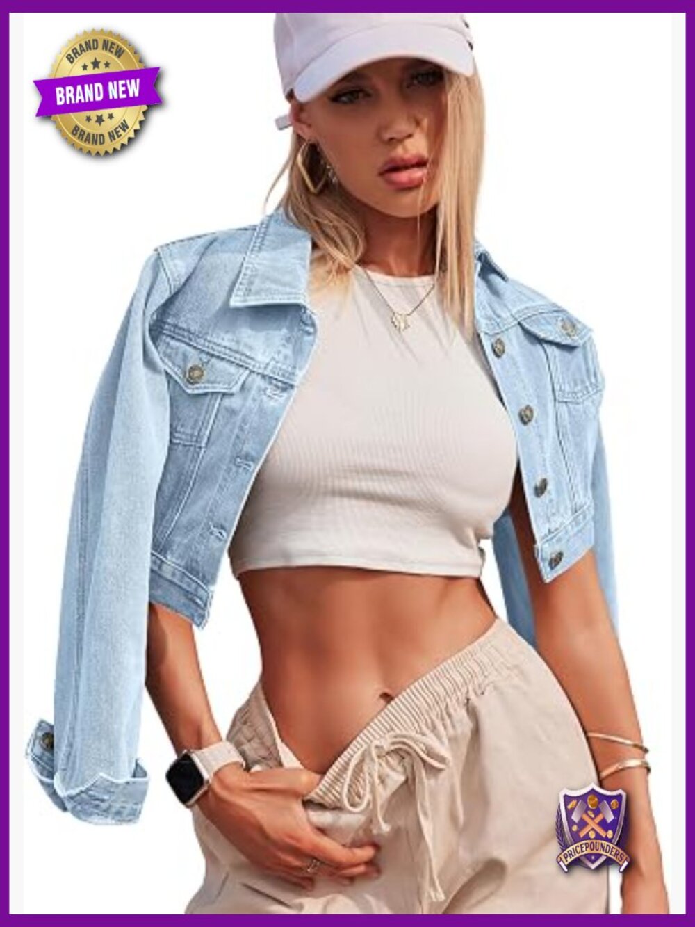 Cropped Denim Jean Jacket with Pockets Long Sleeve Button Down